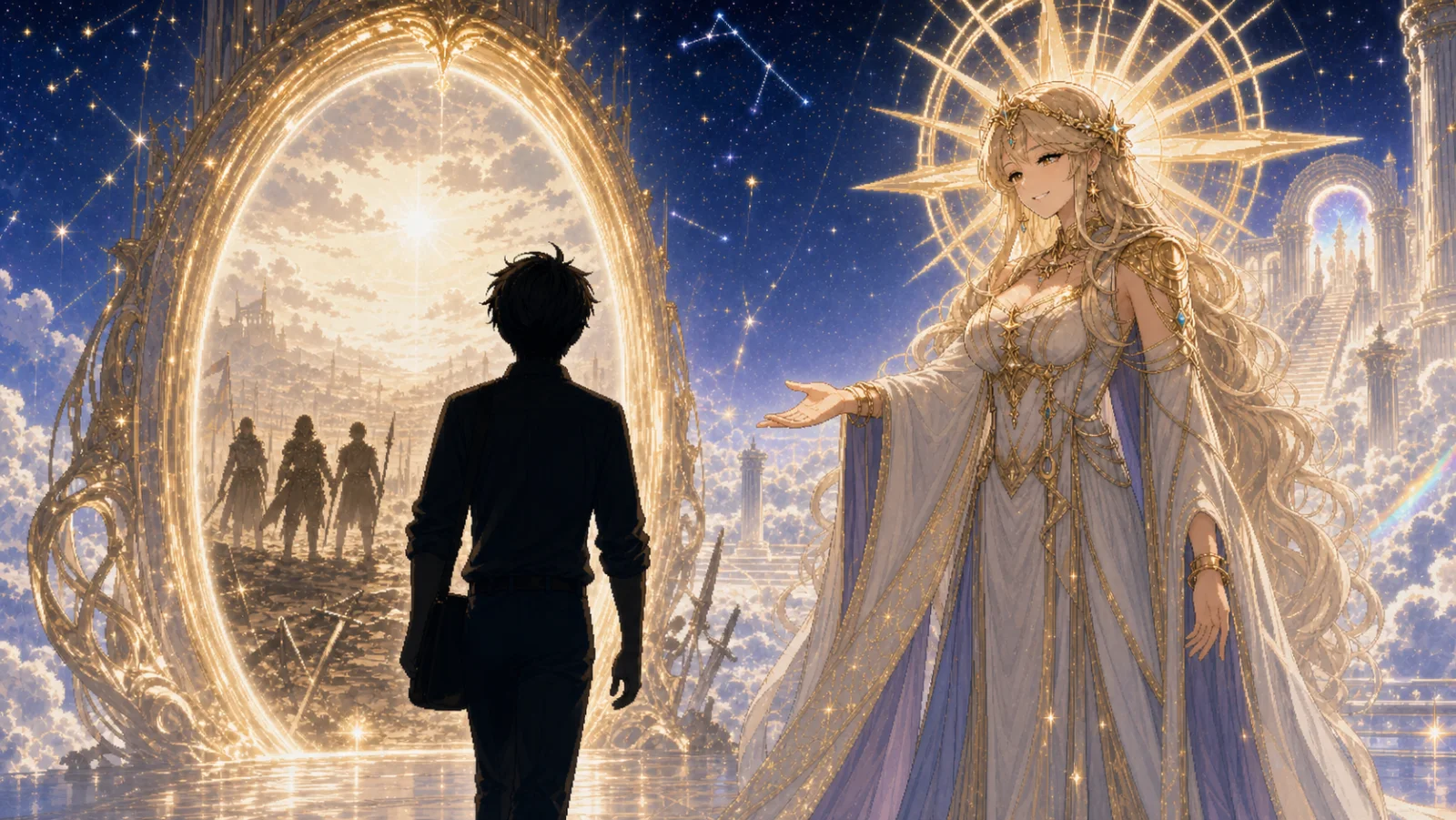 A commander approaches a radiant portal where a squad waits beyond.